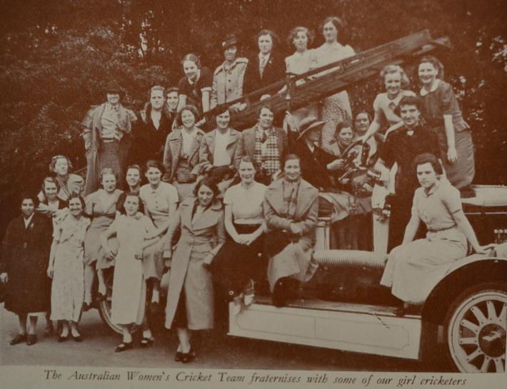 Photograph of Rowntree women cricketers meeting the Australian Women's Cricket Team, as featured in Cocoa Works Magazine, July 1937